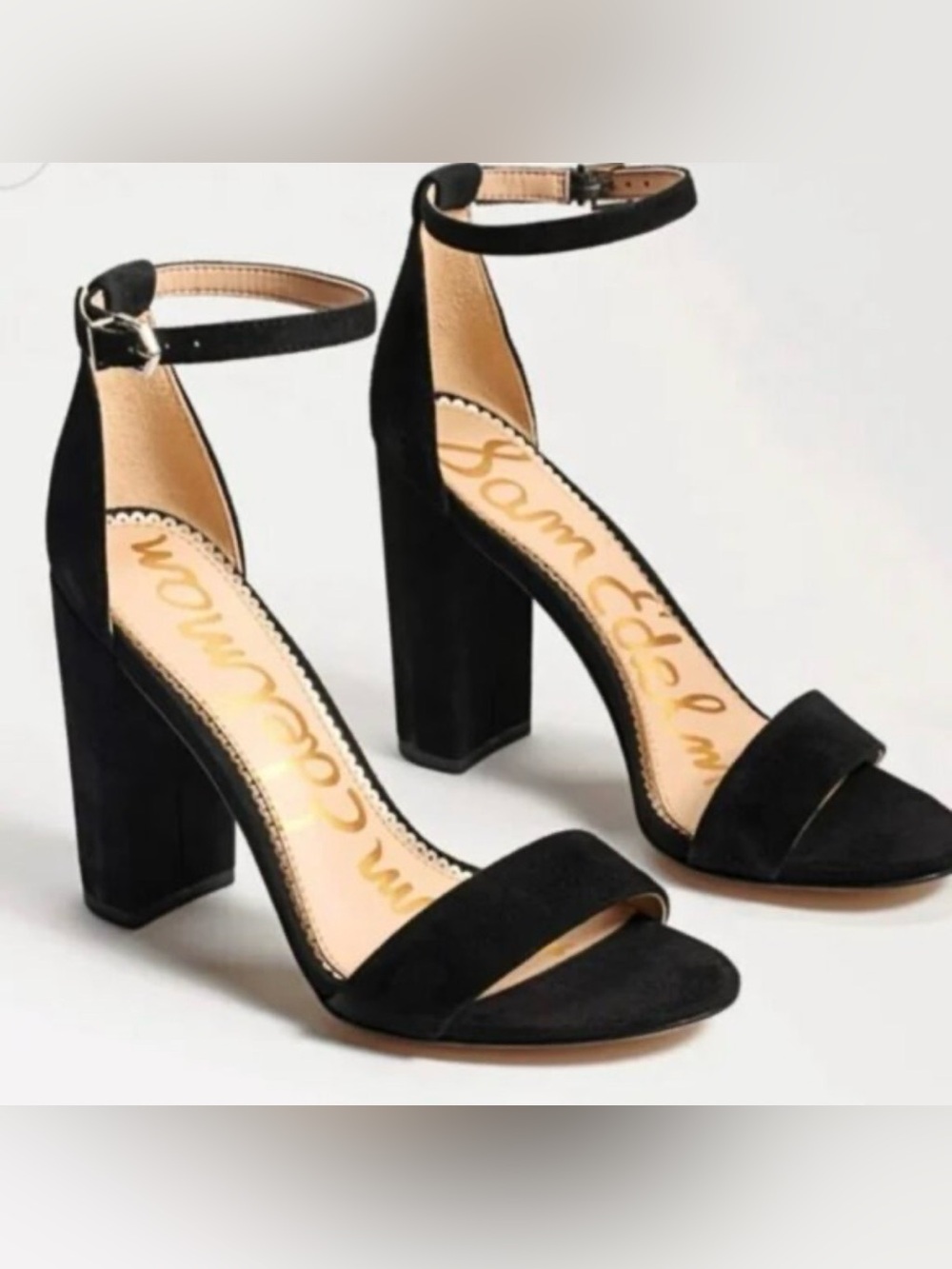 Sam Edelman YARO Black Suede Open Toe Ankle Strap Wrapped Block High Heels